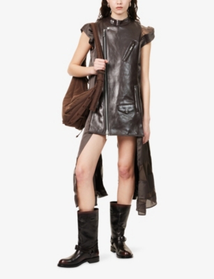 SACAI: Panelled Short-Sleeve Organza and Leather Mini Dress