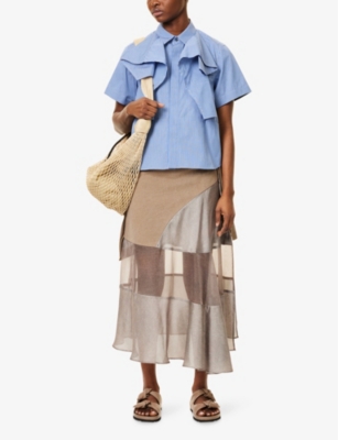 SACAI: Stripe-Print Ruffled-Front Cotton-Poplin Shirt