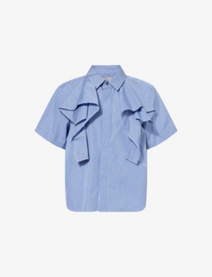 SACAI: Stripe-Print Ruffled-Front Cotton-Poplin Shirt