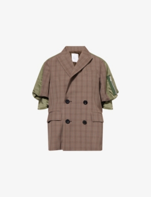 SACAI: Check Panelled Nylon-Twill and Wool-Blend Jacket