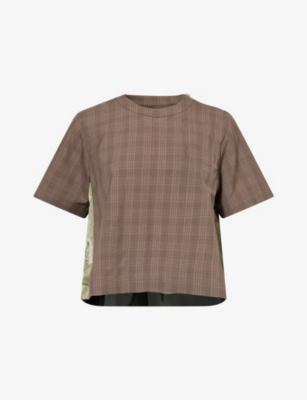 SACAI: Check-Pattern Contrast-Panel Wool and Silk-Blend Top