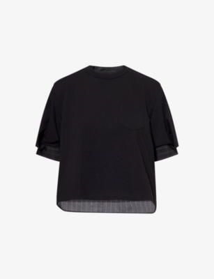 SACAI: Stripe Panelled Organza Cotton-Jersey T-Shirt