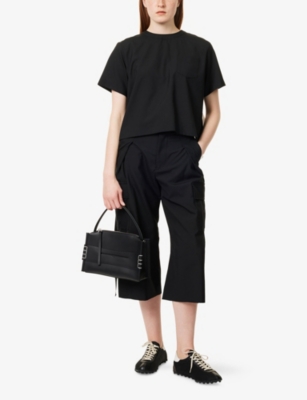 Shop Sacai Womens Pleated Asymmetric-hem Woven-blend Top Black Off White