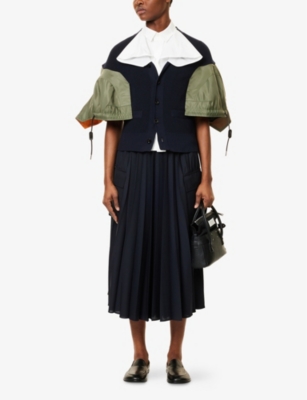 SACAI: Pleated Buttoned-Pockets Woven-Blend Midi Skirt
