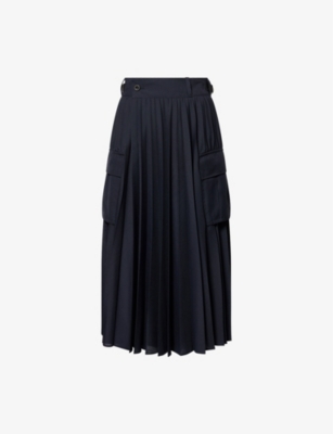 SACAI: Pleated Buttoned-Pockets Woven-Blend Midi Skirt