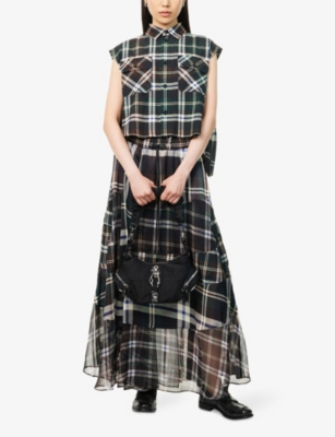SACAI: Plaid-Print Pleated Sleeveless Woven Shirt