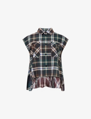 SACAI: Plaid-Print Pleated Sleeveless Woven Shirt