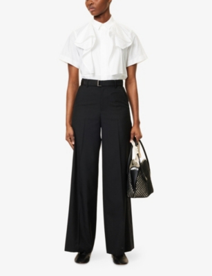SACAI: Ruffled-Front Short-Sleeve Cotton-Poplin Shirt