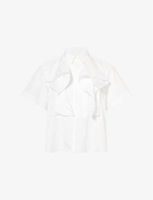 SACAI: Ruffled-Front Short-Sleeve Cotton-Poplin Shirt