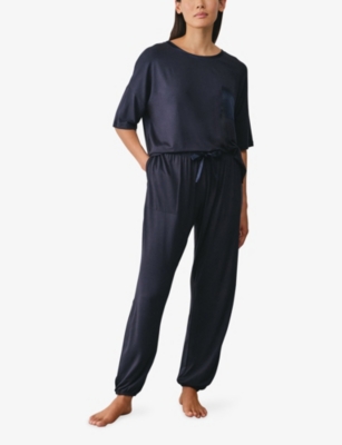 The White Company S Navy Satin Pocket Lounge Stretch-jersey Pyjama Set In Blue