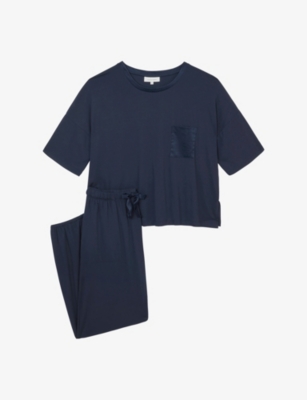 The White Company S Navy Satin Pocket Lounge Stretch-jersey Pyjama Set In Blue