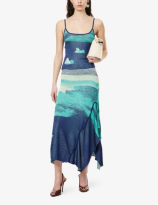 PH5 H5 WOMENS MIDNIGHT NAVY HOYA LAKE PRINT RAYON KNITTED MIDI SKIRT XS 
