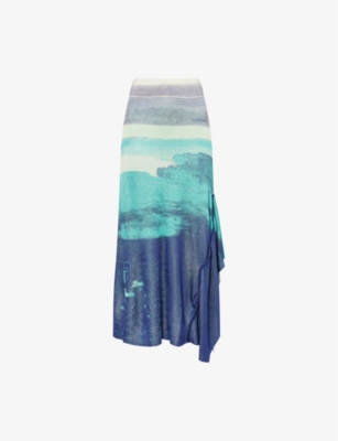 PH5 H5 WOMENS MIDNIGHT NAVY HOYA LAKE PRINT RAYON KNITTED MIDI SKIRT XS 