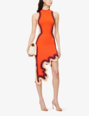 PH5 H5 WOMENS ORANGE BROOKLYN WAVY ASYMMETRIC KNITTED MIDI DRESS XS 