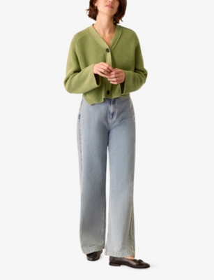WHISTLES WOMENS GREEN NALA V-NECK RIBBED-KNIT COTTON CARDIGAN 