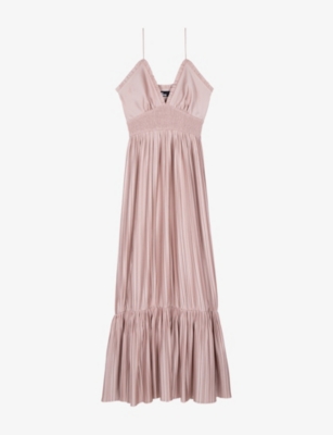 The Kooples Womens  V-neck Smocked-waist Satin Maxi Dress