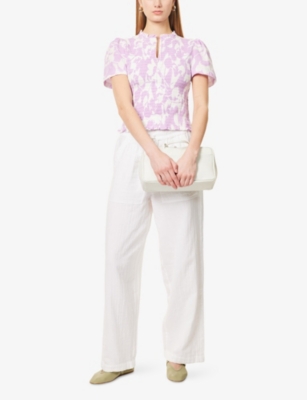ME AND EM AND EM WOMENS SOFT WHITE/SHERBET L SHIRRED TULIP-PRINT COTTON T-SHIRT 