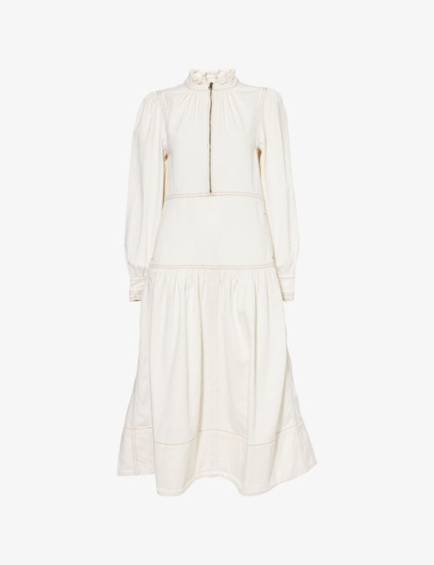 Washed Puffed-Shoulders Denim Midi Dress