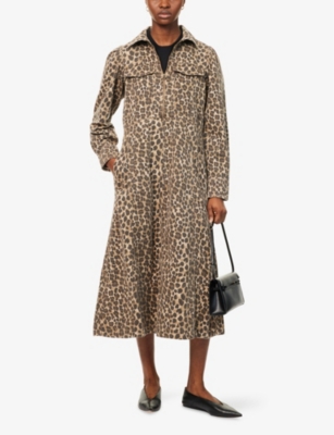 ME AND EM: Leopard-Print Puffed-Shoulders Denim Midi Dress