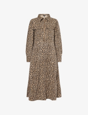ME AND EM: Leopard-Print Puffed-Shoulders Denim Midi Dress