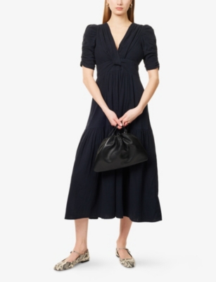 Gathered-Sleeve Knot-Front Cotton Maxi Dress