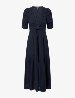 Gathered-Sleeve Knot-Front Cotton Maxi Dress