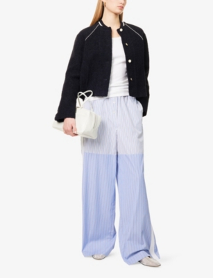 Contrast-Piping Bouclé Varsity Jacket
