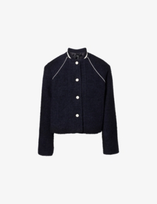 Contrast-Piping Bouclé Varsity Jacket