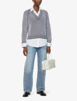 Me And Em And Em Womens Navy/soft White Textured-stitch V-neck Cotton Jumper Xs In Gray