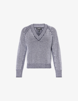 Me And Em And Em Womens Navy/soft White Textured-stitch V-neck Cotton Jumper Xs In Gray