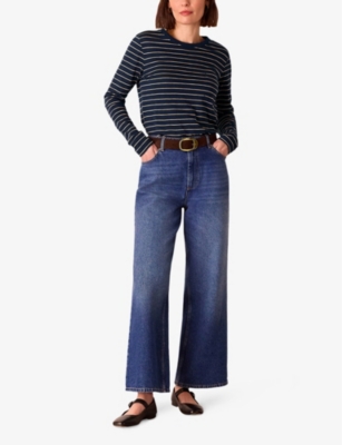 Whistles Stripe Crew Neck Pocket Top, Size 16 In Blue