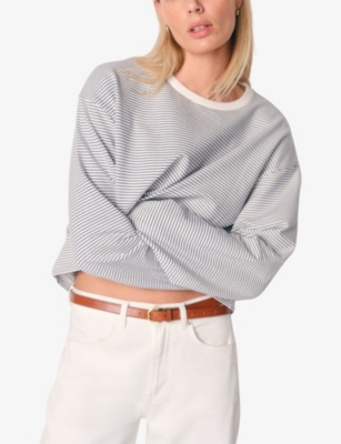 The White Company S White/navy Stripe-print Oversized Stretch Cotton-jersey Top Xs In Blue