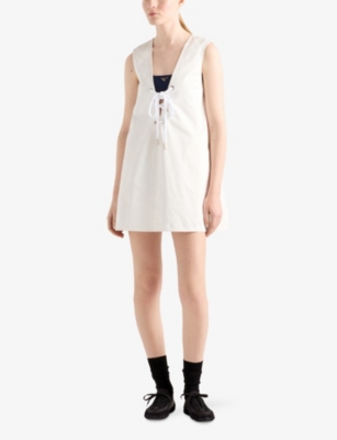 Prada Womens White Front-tie V-neck Cotton Mini Dress In White