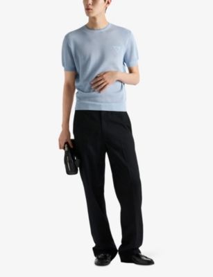 Prada Triangle Logo Perforated T-shirt In Light Blue