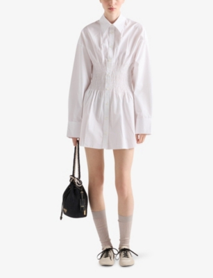 PRADA: Smocked-Waist Long-Sleeve Classic Cotton Poplin Shirt