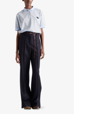 Prada Striped Cotton Pique Cropped Polo Shirt In Green