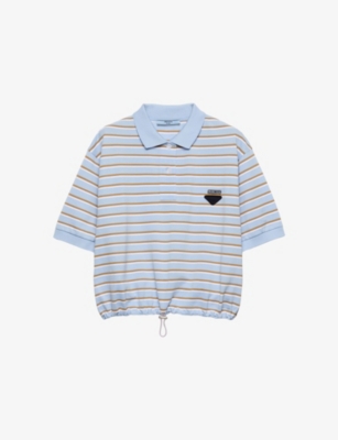 Prada Womens Light Blue Cropped Stripe Cotton Piqué Polo Shirt