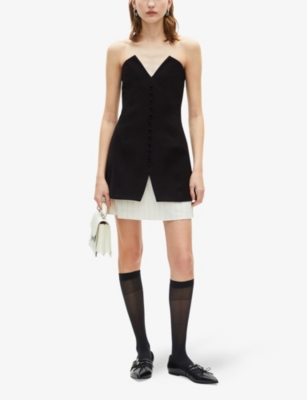 The Kooples Womens Black Contrast-hem V-neck Linen-blend Mini Dress