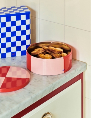 Hay Red And Soft Pink Round Checkerboard-pattern Tin Container In Red And Soft Pink