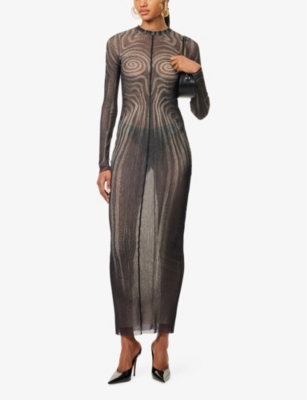 Shop Jean Paul Gaultier Womens Black/grey/ecru Spiral Long-sleeves Woven Maxi Dress