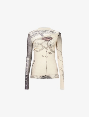 JEAN PAUL GAULTIER: Rose and Bird Tattoo-Print Woven Top