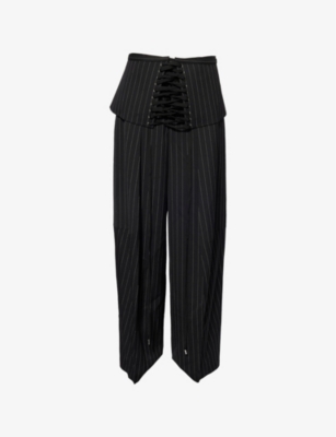 JEAN PAUL GAULTIER: Corset Striped Wide-Leg High-Rise Wool Trousers