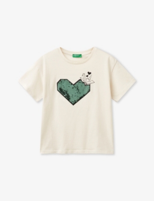 BENETTON: Sequin Graphic-Embroidered Cotton T-Shirt 6-14 Years