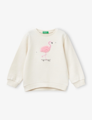 BENETTON: Petal Flamingo Embroidered Cotton Sweatshirt 18 Months - 6 Years