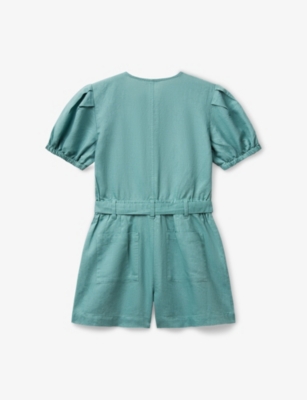 Benetton Puff-sleeve Linen-blend Jumpsuit 6-14 Years Teal Green