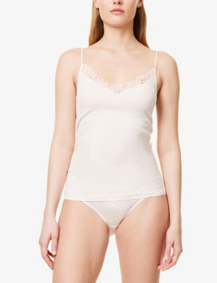 HANRO WOMENS BELINA SPAGHETTI EMBROIDERED COTTON VEST TOP ROSEWATER 