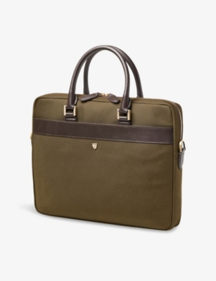 Aspinal Of London Khaki Slim Briefcase Woven Brief Case In Brown