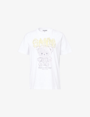 GANNI: Teddy Printed Cotton-Jersey T-Shirt