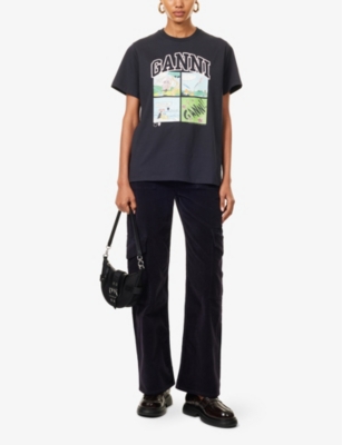 GANNI: Teddy Printed Cotton-Jersey T-Shirt