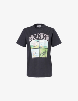 GANNI: Teddy Printed Cotton-Jersey T-Shirt